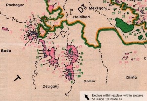 Detail of map of Indian and Bangladeshi enclaves